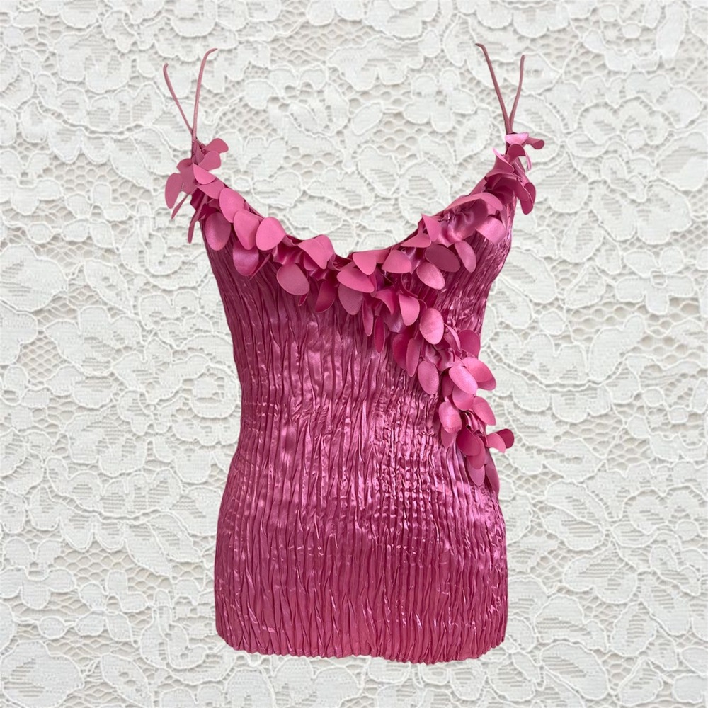 vintage y2k fairy pink strappy tank top with flower petal neckline